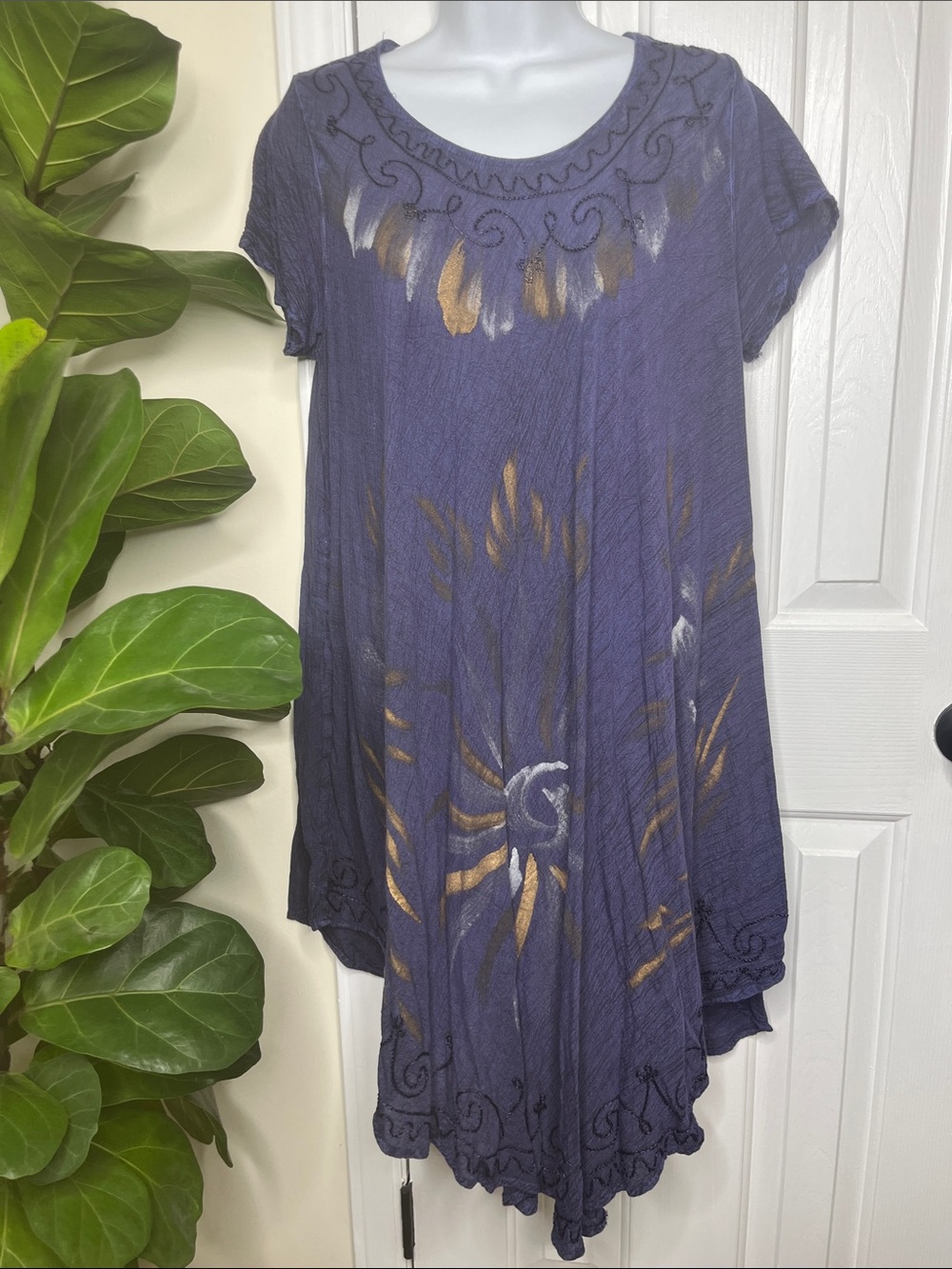 Fashion Force Gauze Shift Dress Blue with Hand Painted Print One Size